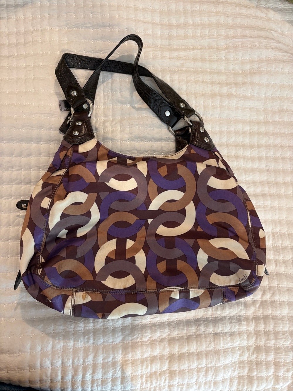 Coach Purple Multi Geometric Shoulder Bag with Brown Trim